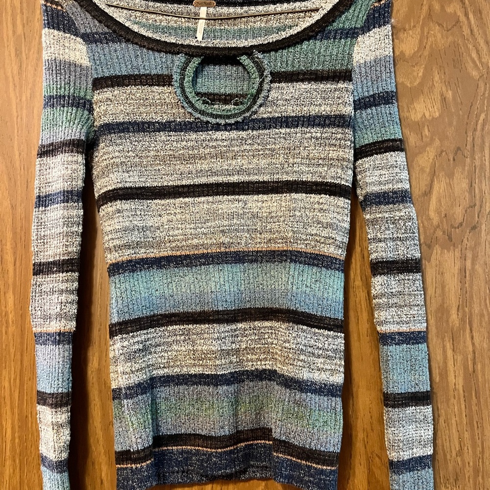 Striped Knit Ring-Detail Women's Sweater in Blue and Gray
